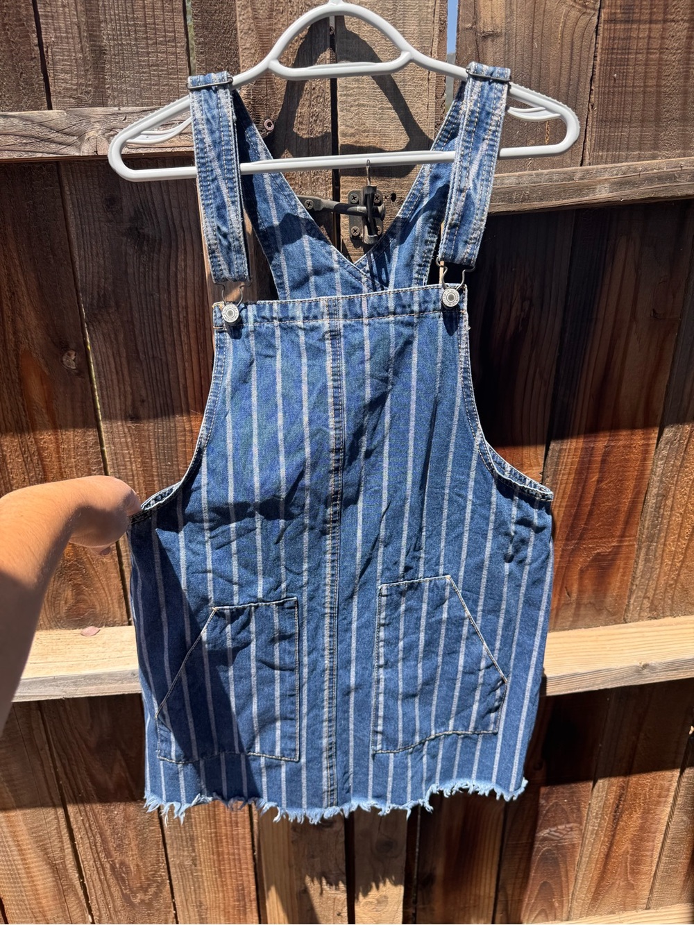 Sky and Sparrow Blue and White Striped Denim Overalls DRESS